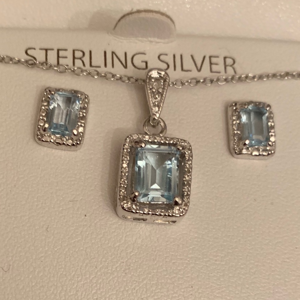 🆕Genuine blue topaz & diamond sterling silver set